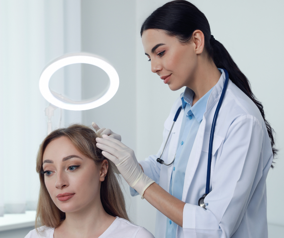 Trichologist examining woman's scalp